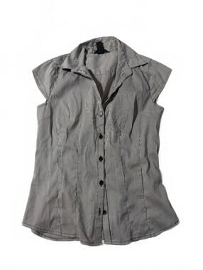 H&M Y2K Office Siren Brown Stripped Fitted Short Sleeve Button Up Size 4